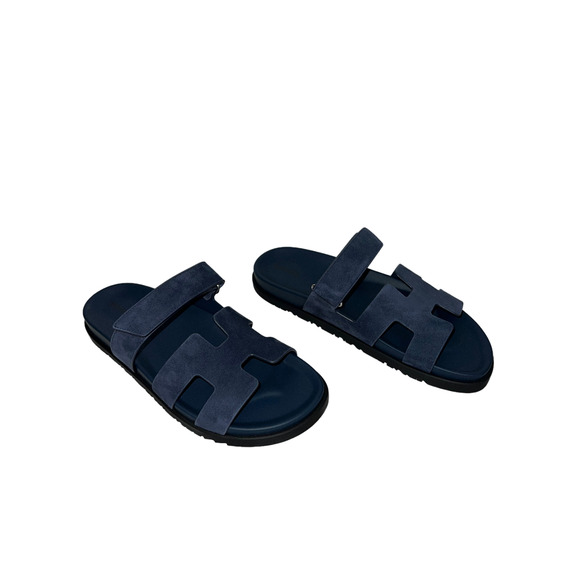 Hermes Chypre Sandal Blue Celeste Dark Suede Logo Strap Slide Slip On Flat 42 - Picture 4 of 11